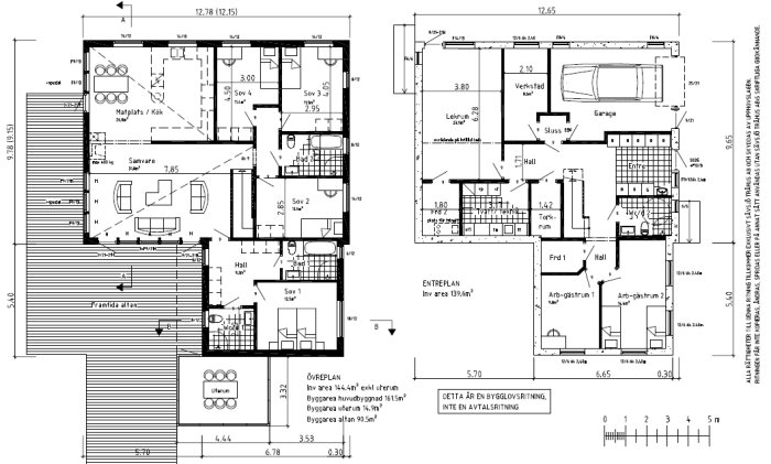 Bygglovsritning av ett tvåplanshus med detaljerad planlösning för entréplan och övre plan, inklusive kök, sovrum, badrum, garage, lekrum och arbetsrum.