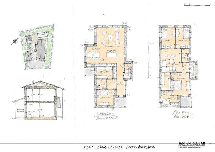 Skiss av ett bostadshus med våningsritningar för bottenvåning och övre plan, en sektion av huset samt en tomtkarta. Total yta: 87,8 m² och 80,8 m².