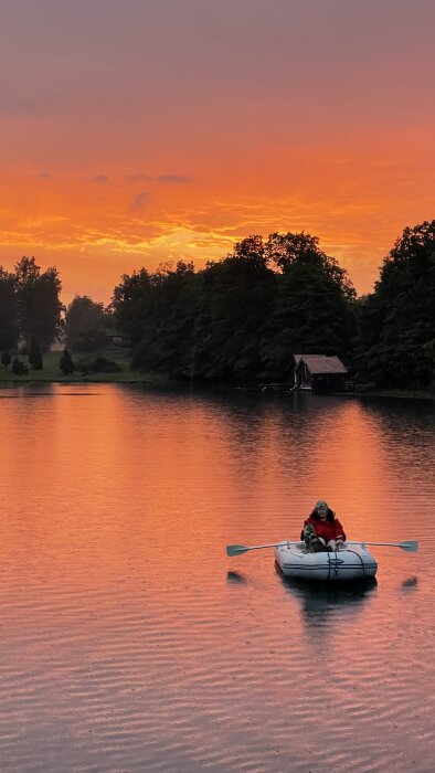 En person i röd jacka och en hund i en roddbåt på en sjö under en solnedgång med orange himmel och lätt regn. Skog och en stuga syns i bakgrunden.