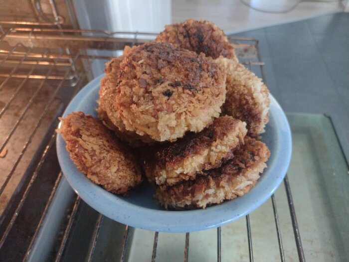 Hemgjorda kycklingnuggets med pankobrödsmulor, upplagda på en blå tallrik på ugnsgallret. Kanske lite stora, mer som biffar.