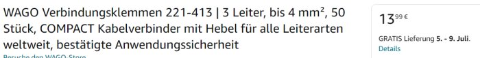Produktbeskrivning för WAGO 221-413 kopplingsklämmor med fri frakt erbjudande men upplevd fraktkostnad vid beställning.