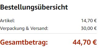 Beställningsöversikt som visar artikelpris 14,70 € och förpackning och fraktkostnad 30,00 €, med total kostnad 44,70 €.