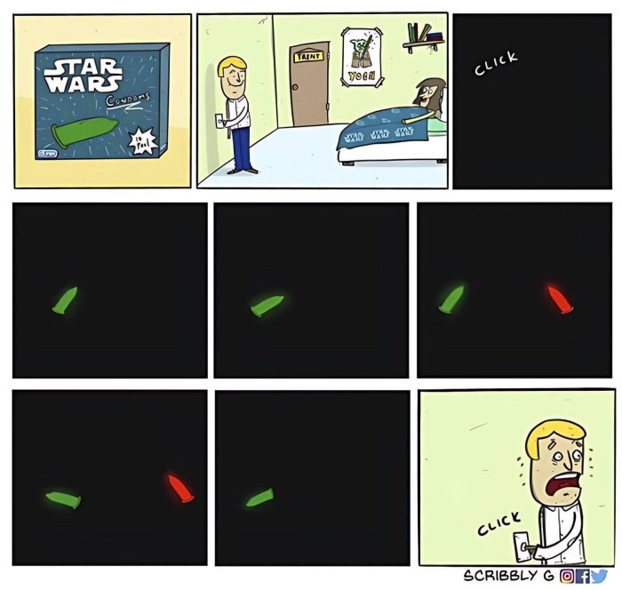 Tecknad serie av en man som går in i ett rum med "Star Wars"-kondomer. I mörkret syns gröna och röda kondomer som påminner om ljussablar.