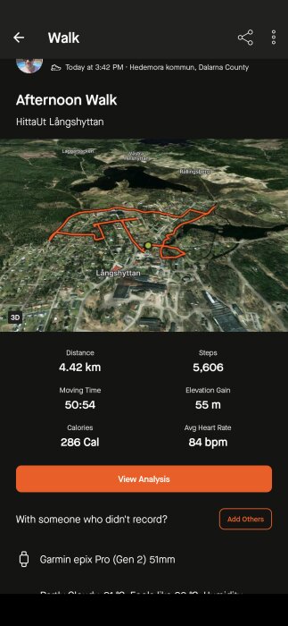 Skrämbild av en träningsapp som visar en promenad i Långshyttan med en karta. Data inkluderar distans (4,42 km), steg (5606), tid (50:54), kalorier (286) och genomsnittlig puls (84 bpm).