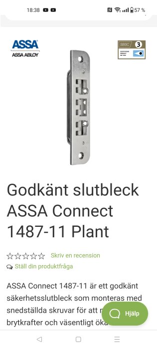 ASSA Connect 1487-11 Plant säkerhetsslutbleck, visas med text som beskriver att det används för att minska brytkrafter och kan justeras med snedställda skruvar.