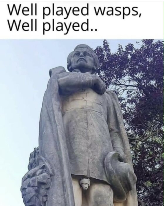 Staty av en man med en getingbo strategiskt placerat, med texten "Well played wasps, Well played.." ovanför.