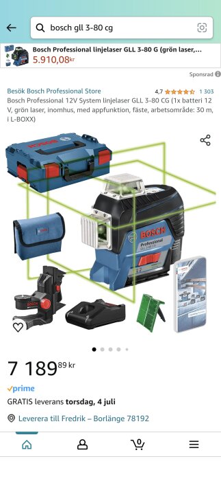 Bosch linjelaser GLL 3-80 CG med grönt laserljus, tillbehör som laddare, mottagare, stativfäste, transportväska och appfunktion, pris 7 189,89 kr.