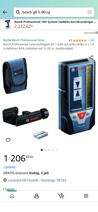 Bosch Professional Lasermottagare LR 7 med röd och grön stråle, väska, batterier och fäste, pris 1 206,45 kr, gratis leverans tisdag 2 juli.