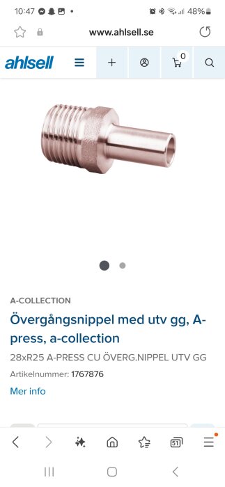 Övergångsnippel med utvändig gänga från Ahlsell, 28xR25 A-press CU, produktnummer 1767876.