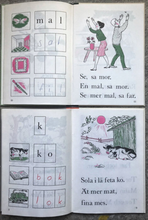 Två uppslag ur en lärobok med illustrationer och ordövningar. Övningarna visar ord som "mal," "sal," "fjl," "ko," "bok," och "lok," tillsammans med illustrationer.