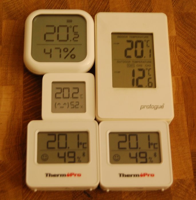 Fem digitala termometrar och hygrometrar ligger på ett bord och visar temperaturer runt 20°C samt olika fuktighetsnivåer. Märken inkluderar Xiaomi och ThermoPro.