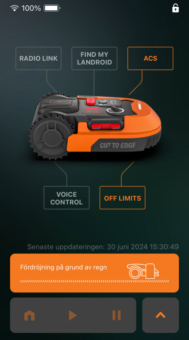 Robotgräsklippare i en app med olika alternativ som Radio Link, Find My Landroid, ACS, Voice Control och Off Limits. Indikering för regnfördröjning visas också.