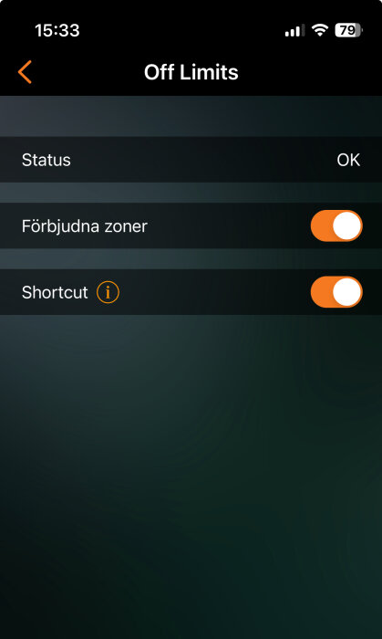 Mobilskärm visar menyn "Off Limits" med tre alternativ: Status (OK), Förbjudna zoner (på), och Shortcut (på).