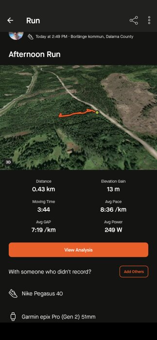 Karta över en löprunda på 0,43 km i Borlänge kommun, Dalarna län, med en höjdökning på 13 m, med mätvärden för tid, tempo och kraft.