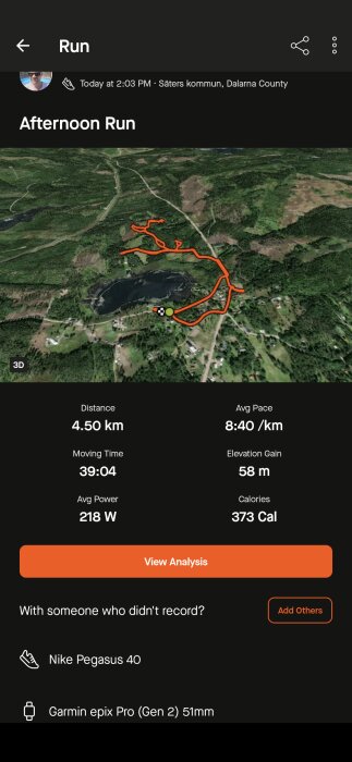 Skärmbild av en löprunda i Säters kommun med en karta och statistik som visar en sträcka på 4,50 km, tidsåtgång på 39:04, snittfart 8:40/km och 373 förbrända kalorier.