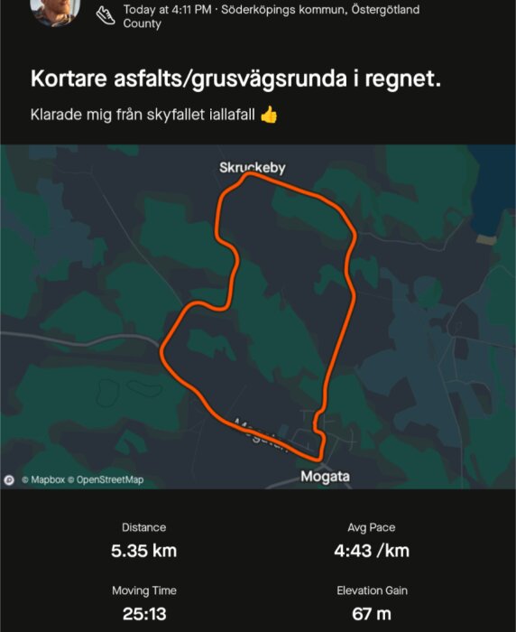 Löprunda på asfalts- och grusvägar i Östergötland på 5,35 km längs en rutt mellan Skrukeby och Mogata, med en genomsnittlig takt på 4:43/km och höjdstigning på 67 meter.