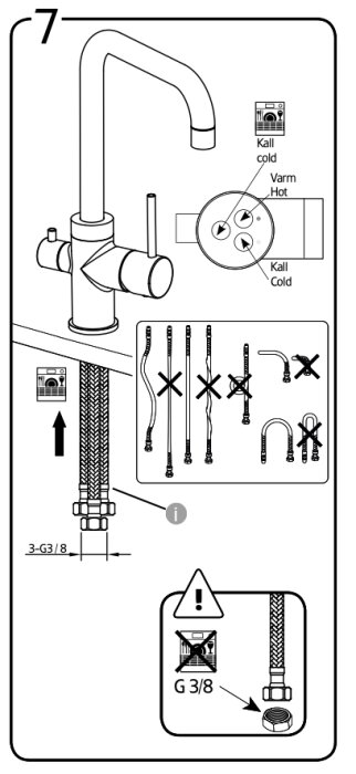 Illustration av Hafa-blandare med inkommande vattenanslutning och kopplingsdetaljer. Visar att G3/8 gänga inte kan användas med vissa adaptrar, specificerat i manualen.