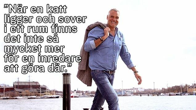 Man i avslappnad klädsel står ute nära en hamn med båtar och byggnader i bakgrunden, text på bilden: ”När en katt ligger och sover i ett rum finns det inte så mycket mer för en inredare att göra där.”