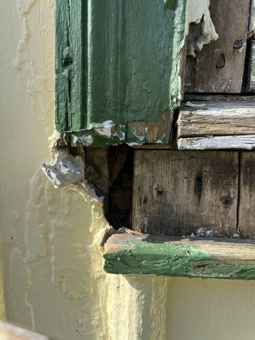 Fuktskadad och trasig träpanel runt ett fönster med flagnande grön och vit färg samt synlig skada i träet.
