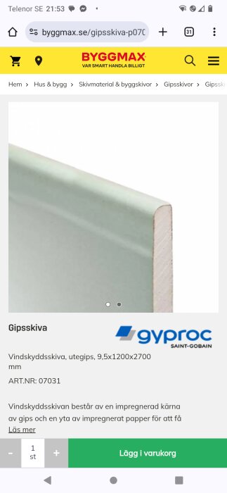Närbild av en gipsskiva med fasad kant, från Byggmax hemsida, med text om vindskyddsskiva av märket Gyproc.