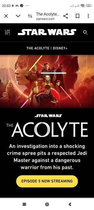 Marknadsföringsbild för Star Wars: The Acolyte på Disney+, med olika karaktärer och lysande ljussablar. Texten visar att avsnitt 5 nu streamas.