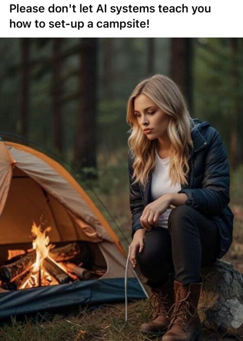 En kvinna i utomhuskläder sitter vid en tältplats med en eld framför sig och ser fundersam ut, med texten "Please don't let AI systems teach you how to set-up a campsite!