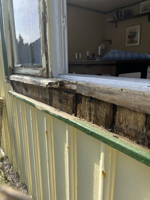 Fuktskadad och trasig träpanel under ett fönster i ett äldre hus, färgen flagar och virket är skadat, omgiven av gulmålad panel med grön kant.