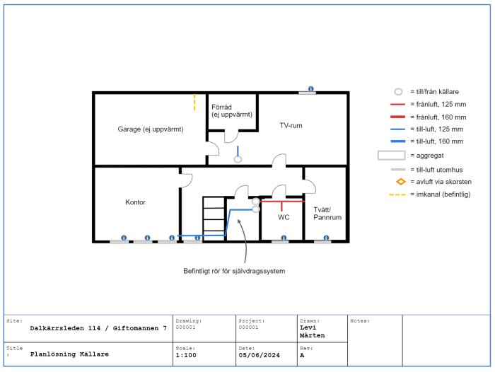 Planskiss över källarvåning för ett enplanshus byggt 1972, som visar planerade ventilationstillägg, rördragningar och befintliga rum: garage, förråd, TV-rum, kontor, TV/ pannrum.