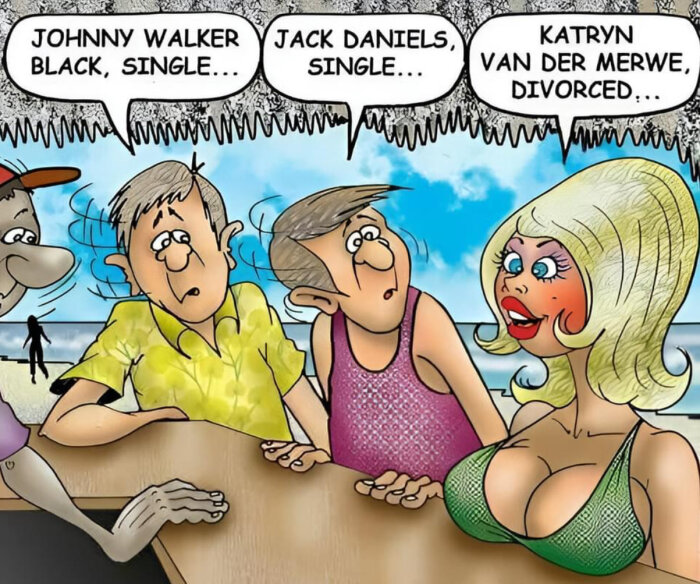Tre tecknade personer sitter vid en bar och presenterar sig. Två mäns namn är whiskysorter, medan kvinnans namn och status är "divorced".