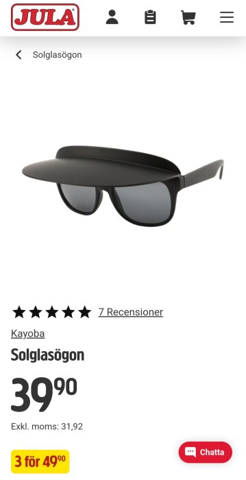 Solglasögon från Kayoba för 39,90 kr på Jula, med ett svart skärmvisir på ovansidan, fem stjärnor och sju recensioner synliga på produktsidan.