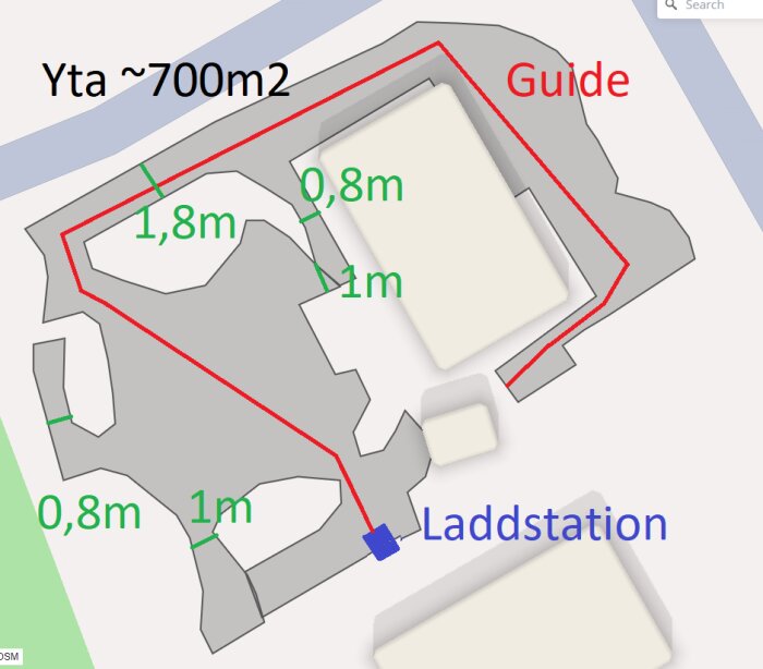 Skiss över en trädgårdsyta på cirka 700 m2. Innehåller markeringar för mått i grönt, guidekabel i rött och laddstation markerad i blått.