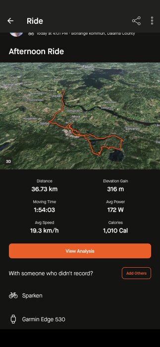 3D-karta över en cykelrutt i Borlänge, Dalarna. Sträckan är 36,73 km, höjdstigning 316 m, och snitthastigheten 19,3 km/h. Cyklat med Garmin Edge 530.