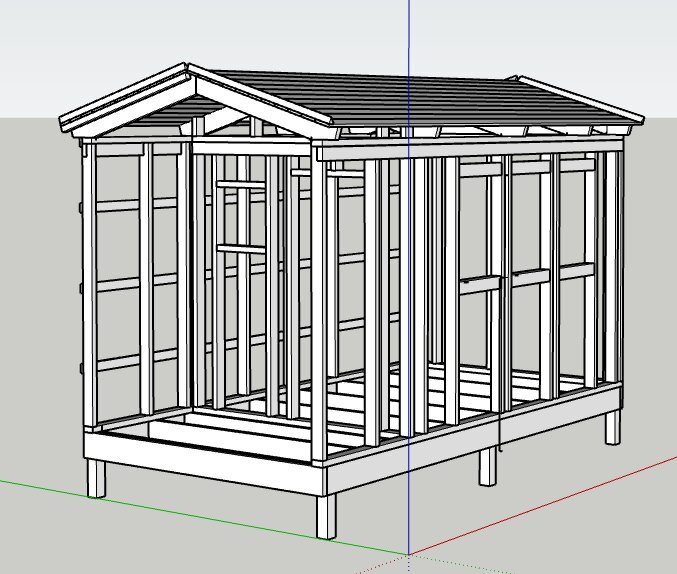 3D-modell av ett träramverk för en byggnad med sadeltak och öppna väggar, planerat att byggas med lösvirke.