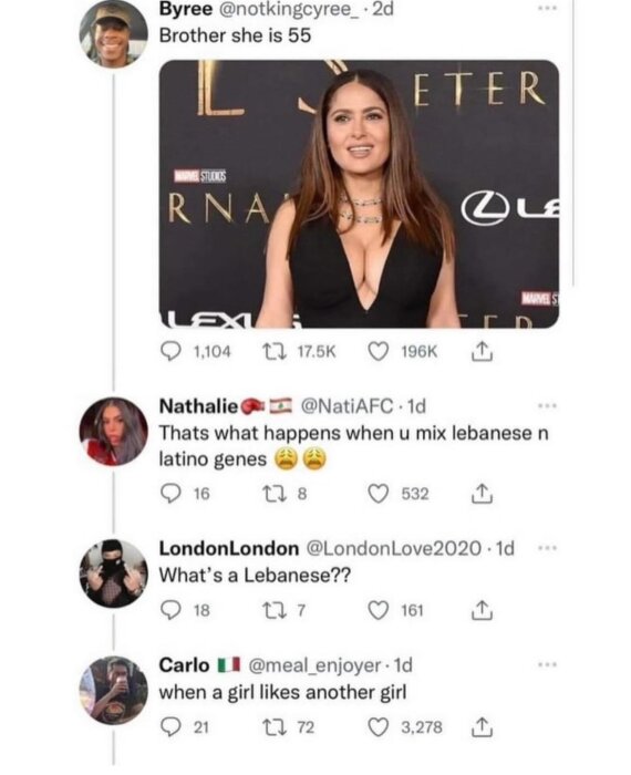 Skärmdump av Twitter-dialog där en användare kommenterar en bild på en känd person, följt av andra användare som diskuterar ursprung och skämt.