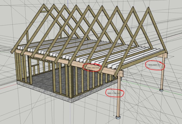 3D-ritning av en carport med markerade mått för limträbalkarnas placering. Skelettet visar ramverkstakstolar och ramverk för bostadsloft. Måtten är 4000, 2801, 5844 mm.