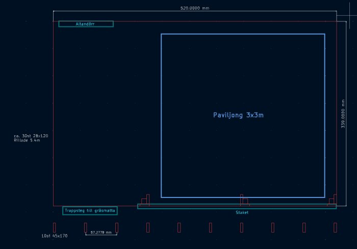 Skiss över uteplats med plats för en 3x3m paviljong, altandörr, trappsteg till gräsmatta, staket och måttangivelser för olika byggmaterial.