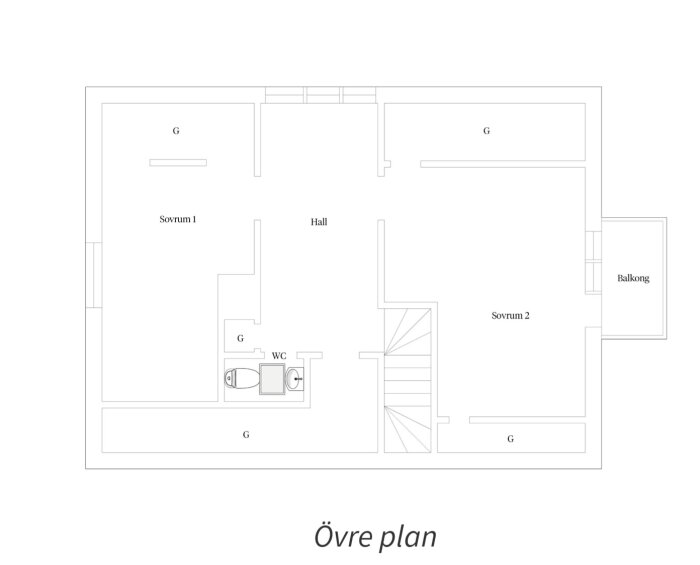 Planlösning för övre plan med två sovrum, hall, WC, garderober, balkong och trappa. Diskuteras möjlig utbyggnad av badrum från toaletten.