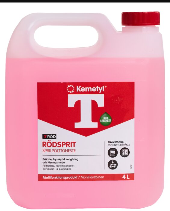 Kemetyl T-Röd Rödsprit i en 4-liters plastbehållare med röd etikett och en röd skruvkork.