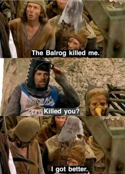 En mem med tre paneler där karaktärer från "Monty Python and the Holy Grail" diskuterar en Balrog som dödade en karaktär från "Lord of the Rings".