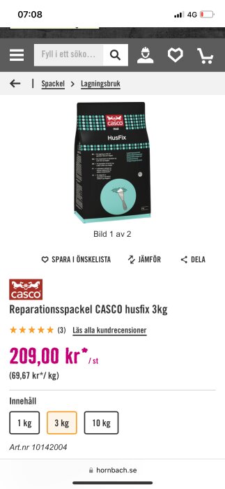Reparationsspackel CASCO HusFix på 3kg säljs för 209 kr på Hornbachs hemsida med artikelnummer 10142004.