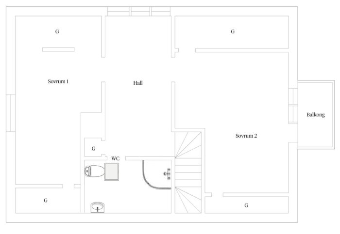 Skiss över våningsplan med två sovrum, hall, badrum och balkong. Rymliga garderober (G) i sovrum och hall. Trappa i central position.