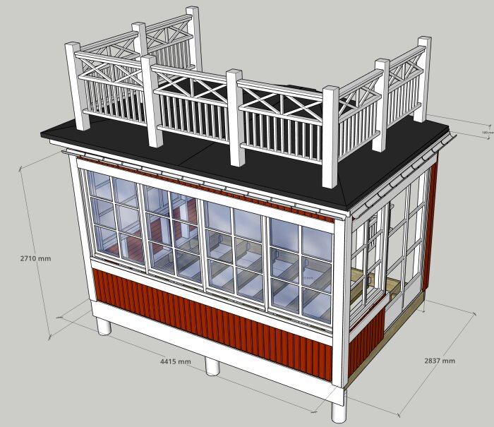 3D-rendering av en glasveranda med rött träpanel och stora fönster, toppad av en balkong med vitt räcke. Mått: 4415 mm i längd, 2837 mm i djup och 2710 mm i höjd.