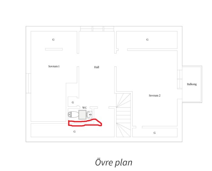 Planritning över övre plan med inringad vägg vid ett WC i närheten av ett sovrum, hall och trappa; potentiella stödben för takstolar markerade.