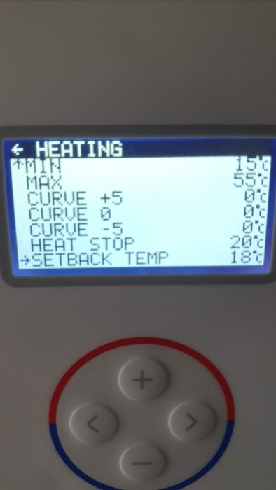 Thermia Eco 8 kontrollpanel visar inställningar för uppvärmning med temperaturer och val som HEAT STOP och SETBACK TEMP.