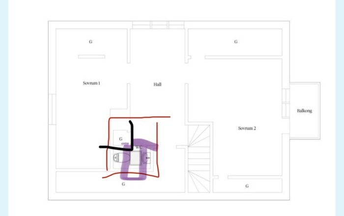 Ritning av ett hus med två sovrum, hall och WC där en del av planen är markerad i svart, rött och lila. Möjligt byte av takfönster nämns.