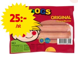 Förpackning med 10 grillkorvar från märket DOGS med en gul stjärna som visar priset 25 kronor per styck.