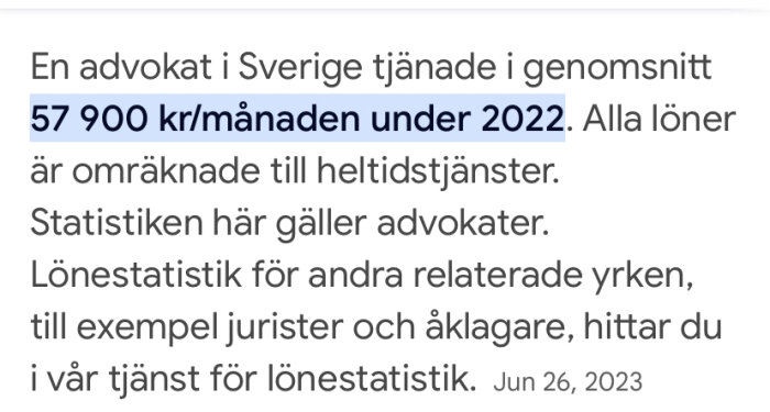 Lönestatistik som visar att en advokat i Sverige tjänade genomsnittligen 57 900 kr/månad under 2022.