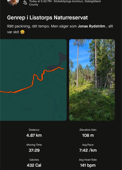 Skärmdump av en träningsapp som visar en löprunda i Lisstorps Naturreservat med en karta och en bild av skogen. Hela rundan är 4,87 km med 108 m stigning.