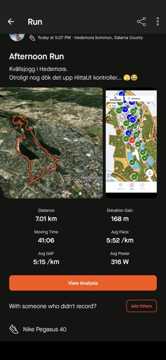 En person har registrerat en kvällsjogg på 7,01 km i Hedemora. På bilden syns löprundan på en karta och statistik om träningen.