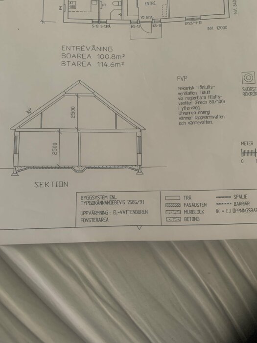 Byggnadsritning som visar en sektionsvy av ett hus med information om yta, FVP och byggsystem. Värden för boarea, biarea och sektionsmått.
